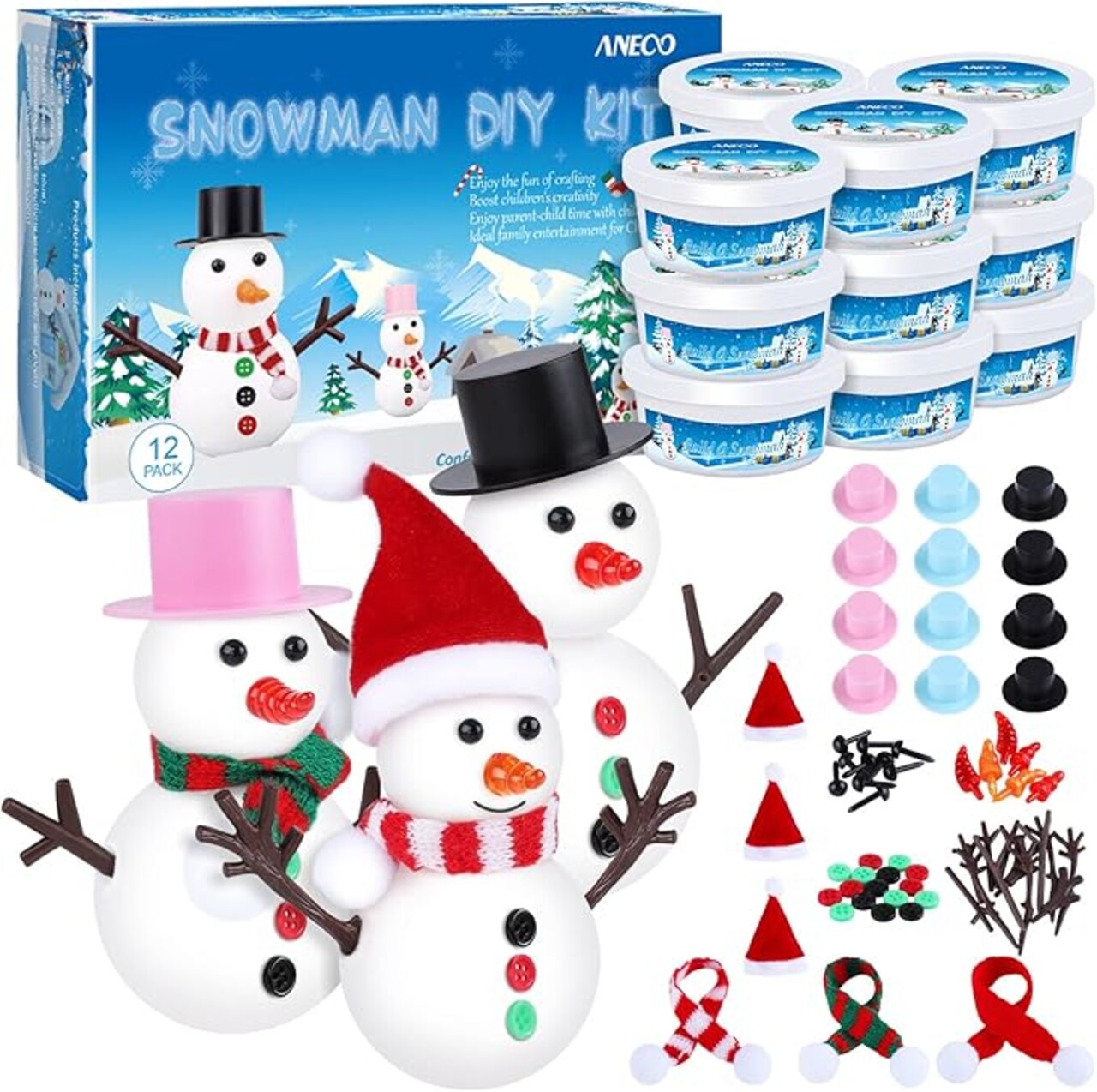 12 Pack Christmas Snowman DIY Craft Build Snowman Craft Kit Christmas Decoration Air Dry Modeling Clay Winter Gift Game for Holiday Party Home Decor